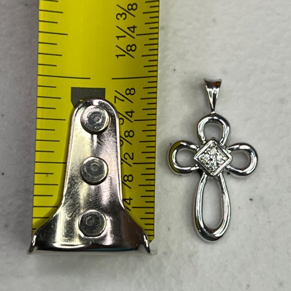 Small Cross Silver-Tone Pendant With Cubic Zirconia Accents - Picture 6 of 9
